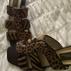 Sesto Meucci calf hair animal print open toe sandal with block heel in size 9N